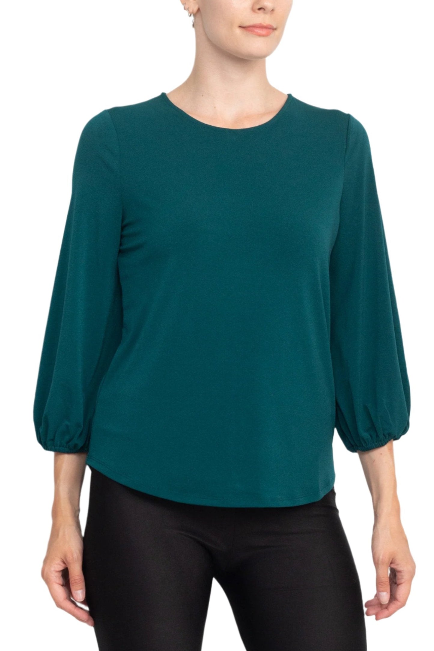 Adrianna Papell Crew Neck Back Button 3/4 Sleeves with Elastic Cuff Crepe Top - DARK EVERGREEN - Front