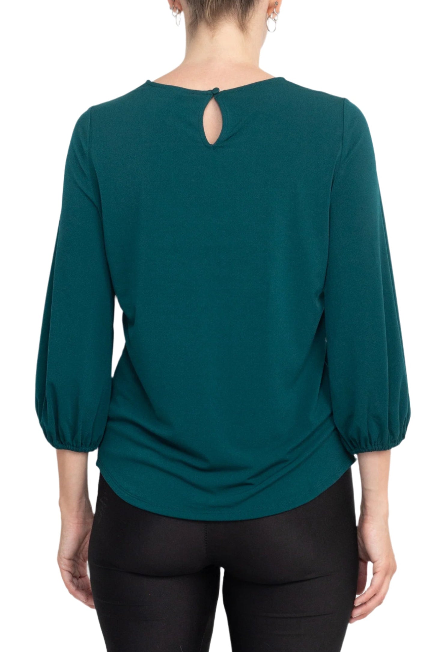 Adrianna Papell Crew Neck Back Button 3/4 Sleeves with Elastic Cuff Crepe Top - DARK EVERGREEN - Back