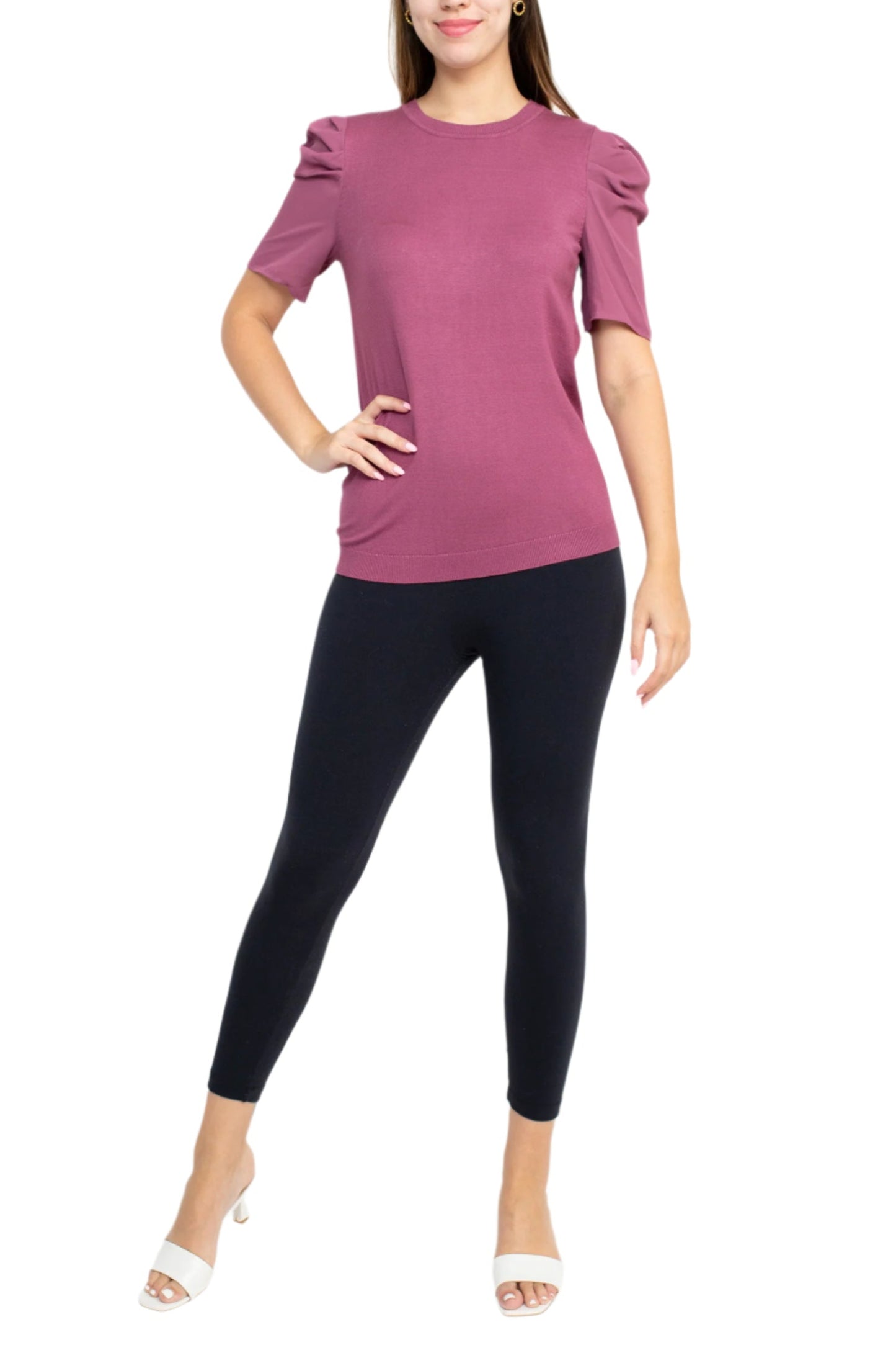 Adrianna Papell Crew Neck Short Sleeve Ruffled Shoulder Solid Knit Top - MULBERRY - Front Full View