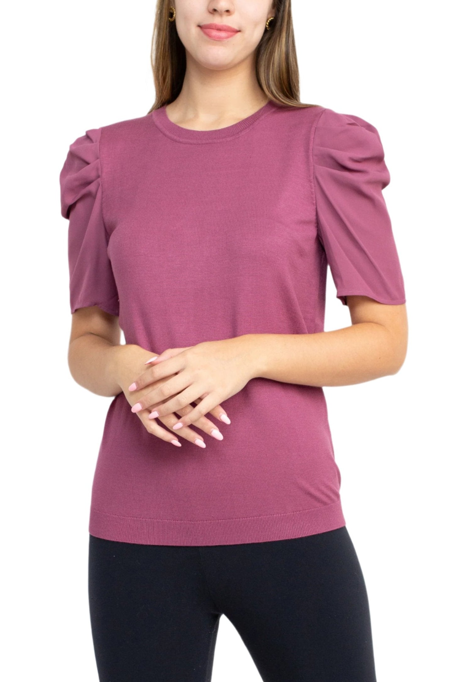 Adrianna Papell Crew Neck Short Sleeve Ruffled Shoulder Solid Knit Top - MULBERRY - Front