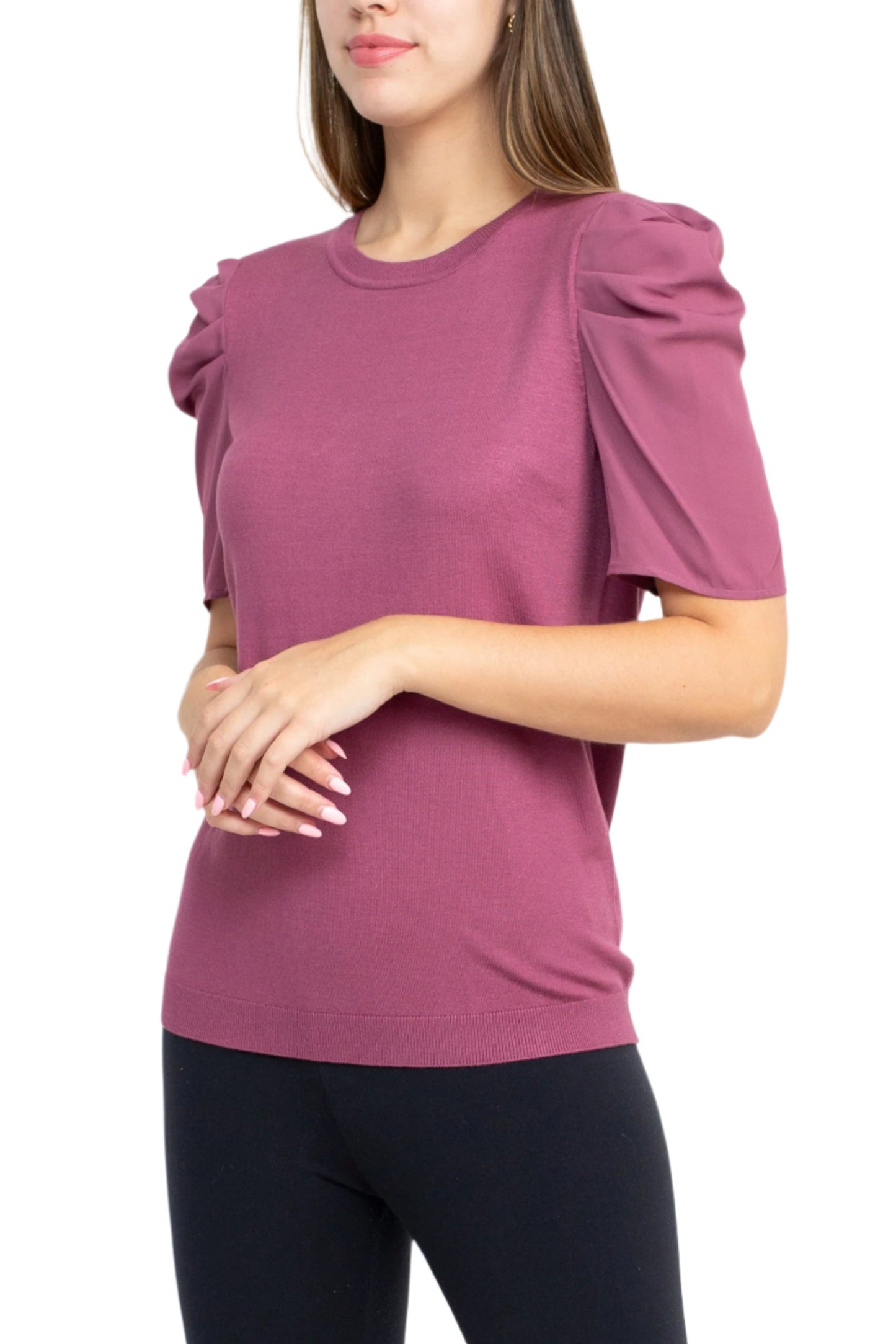 Adrianna Papell Crew Neck Short Sleeve Ruffled Shoulder Solid Knit Top - MULBERRY - Side