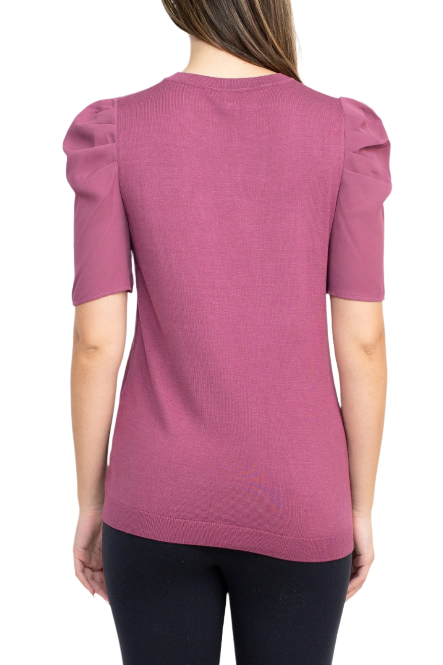 Adrianna Papell Crew Neck Short Sleeve Ruffled Shoulder Solid Knit Top - MULBERRY - Back