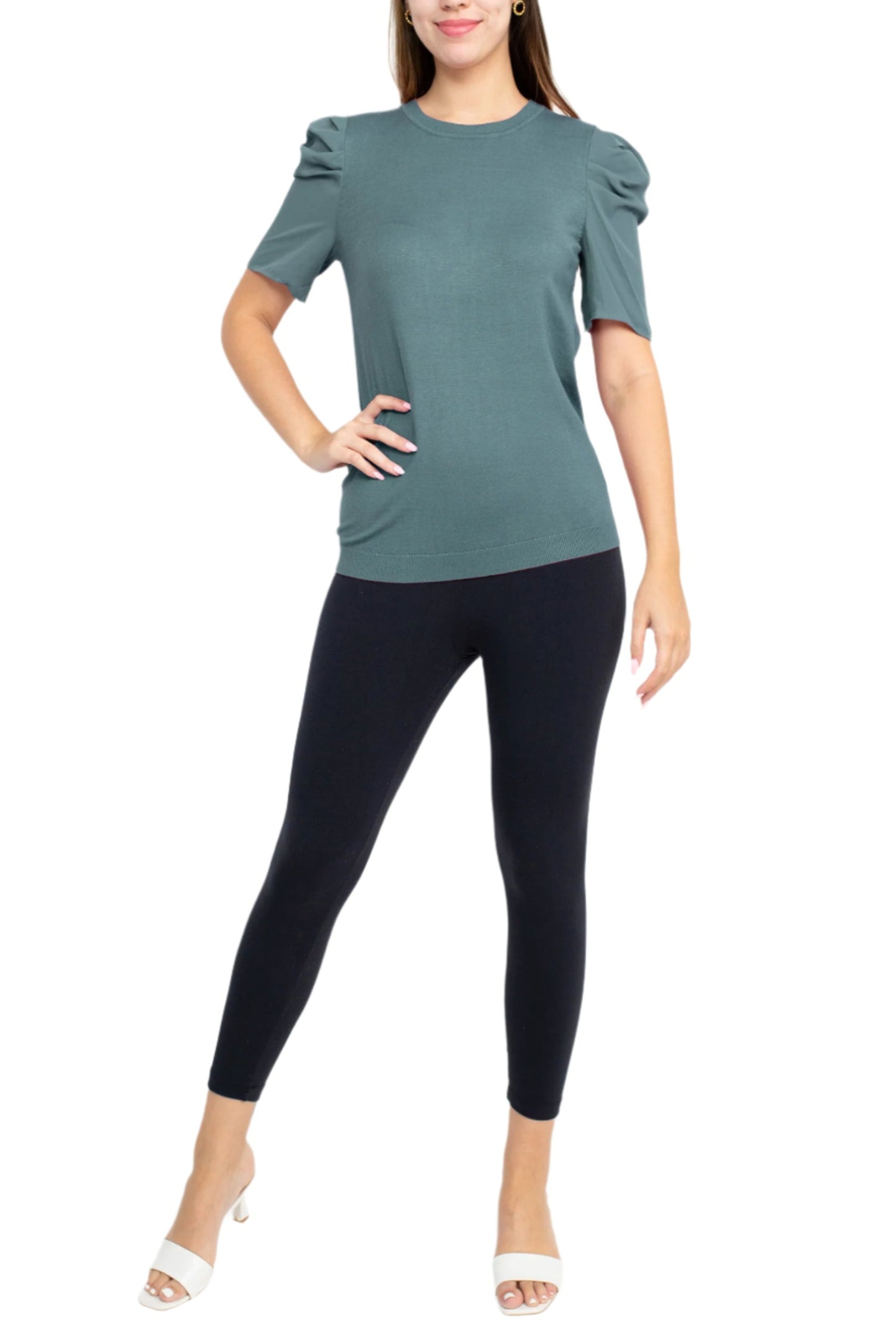 Adrianna Papell Crew Neck Short Sleeve Ruffled Shoulder Solid Knit Top - TROPOSPHERE - Front Full View