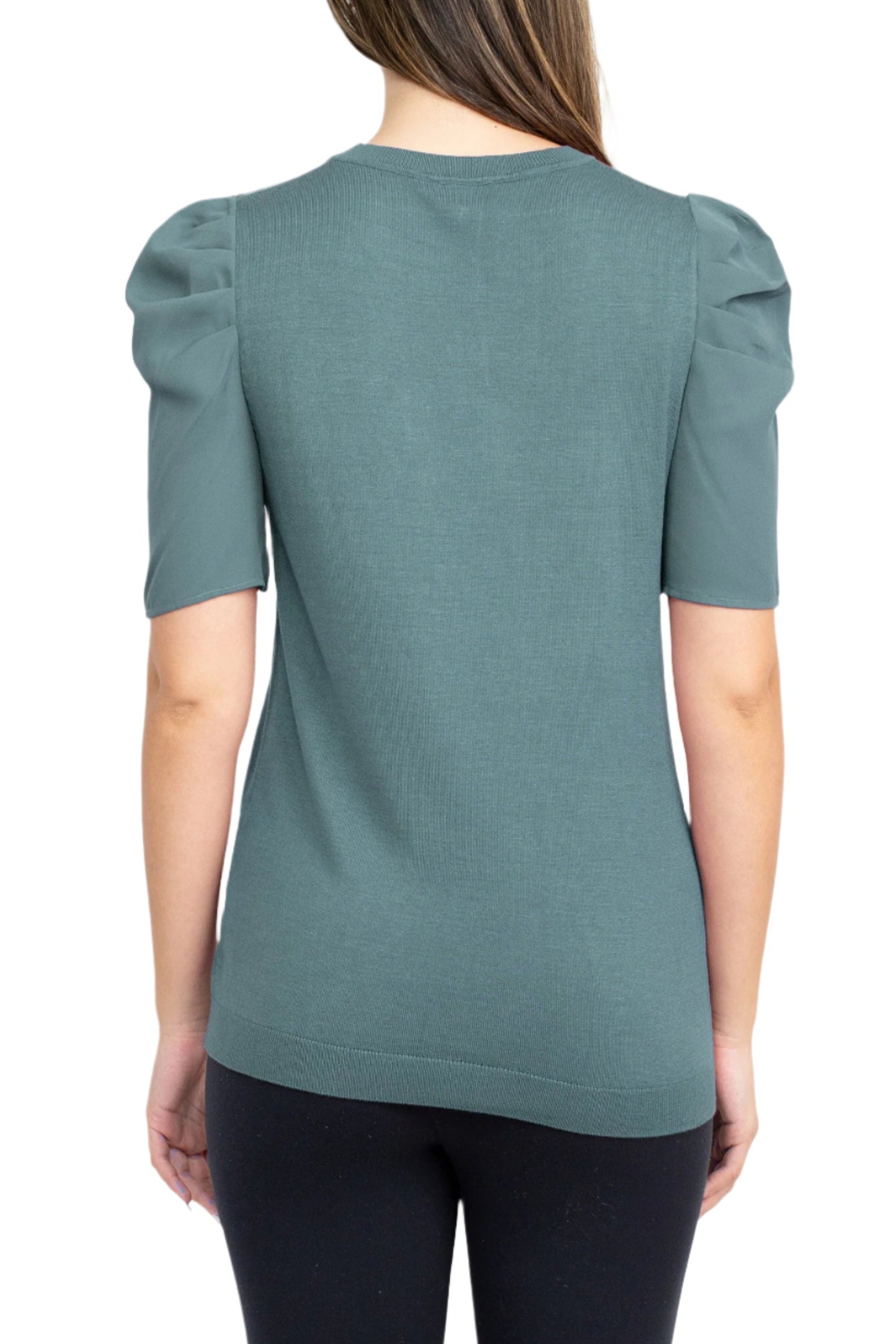 Adrianna Papell Crew Neck Short Sleeve Ruffled Shoulder Solid Knit Top - TROPOSPHERE - Back
