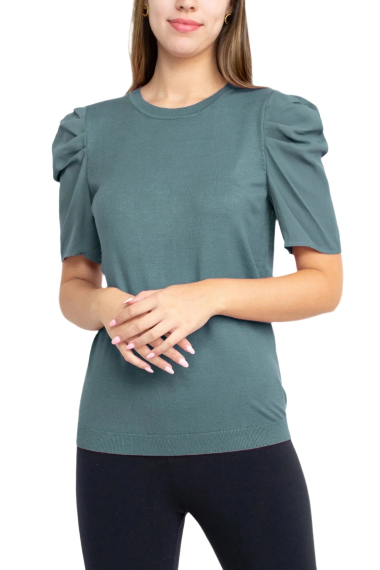 Adrianna Papell Crew Neck Short Sleeve Ruffled Shoulder Solid Knit Top - TROPOSPHERE - Front