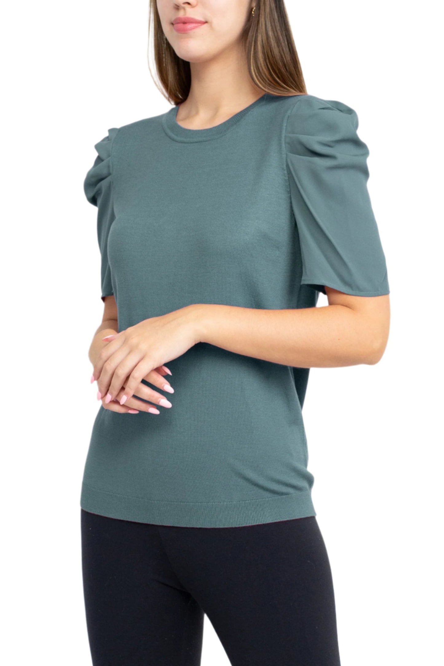 Adrianna Papell Crew Neck Short Sleeve Ruffled Shoulder Solid Knit Top - TROPOSPHERE - Side