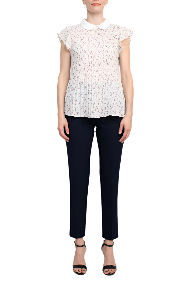 Peter Pan Collar Flutter Sleeve Pleated Printed Woven Georgette Top - BLUSH MULTI - front full view