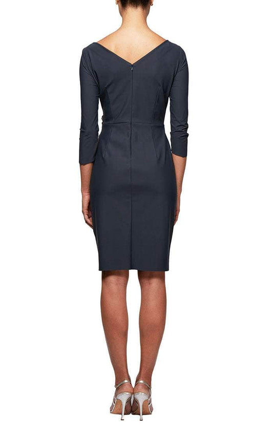 Charcoal Surplice Knee-Length Scuba Formal Cocktail Sheath Dress Side Brooch Alex Evenings 134134