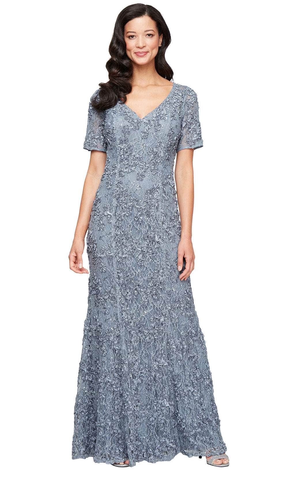 Slate V-Neck Floor-Length 3D Floral Lace Formal Evening Gown Short Sleeves Alex Evenings 81122627