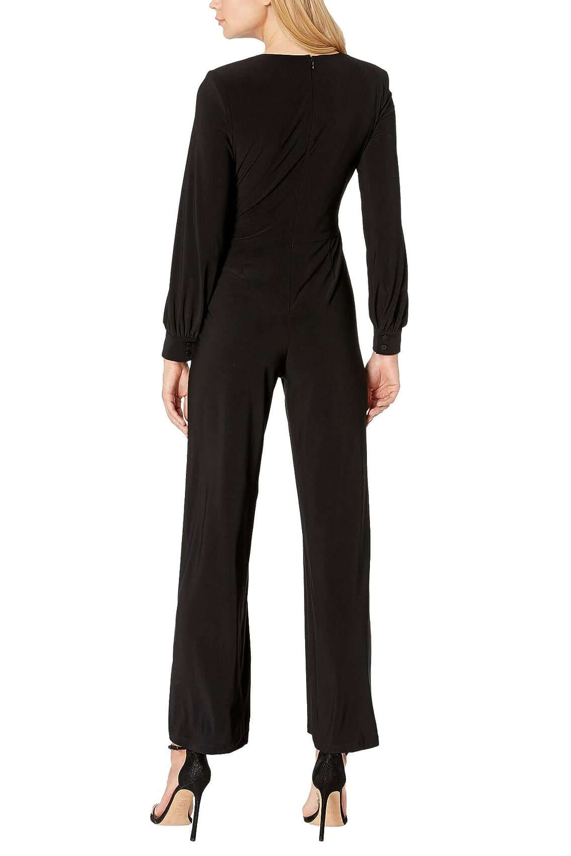 Adrianna Papell V-Neck Ruched Long Sleeve Zipper Back Solid Jersey Jumpsuit - BLACK - Back