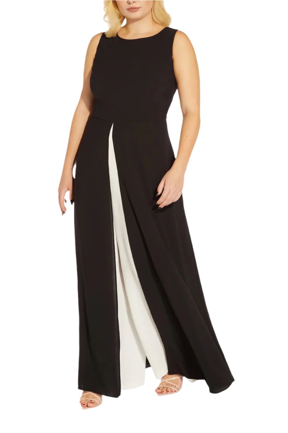 Adrianna Papell Crew Neck Sleeveless Back Zipper Jumpsuit (Plus Size) - BLACK IVORY - Front