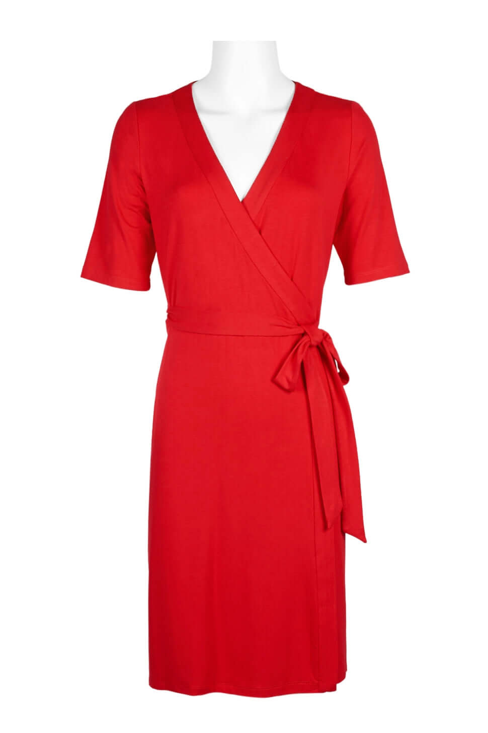 Adrianna Papell V-Neck Short Sleeve Tie Side Solid Faux Wrap Rayon Jersey Dress - MOROCCAN RUBY - FRONT