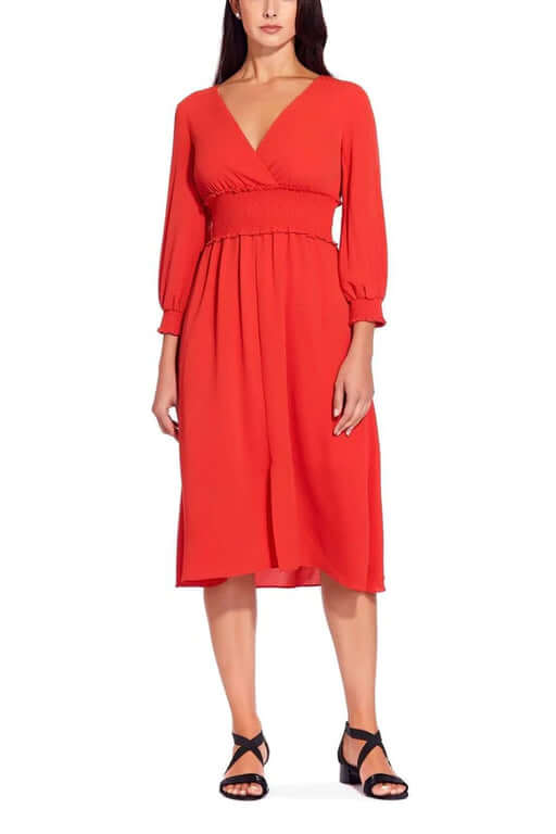 Adrianna Papell V-Neck Long Sleeve Ruched Flutter Solid Polyester Dress - BURNT ORANGE - FRONT