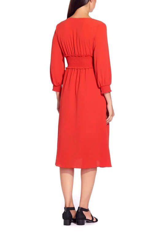 Adrianna Papell V-Neck Long Sleeve Ruched Flutter Solid Polyester Dress - BURNT ORANGE - BACK