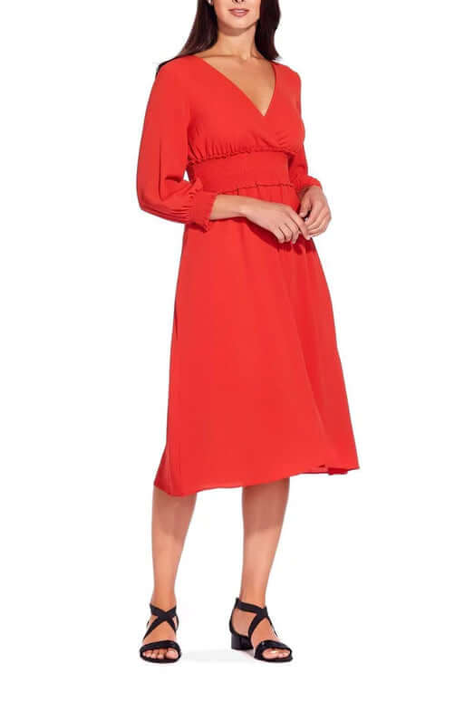 Adrianna Papell V-Neck Long Sleeve Ruched Flutter Solid Polyester Dress - BURNT ORANGE - SIDE