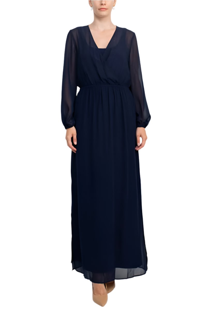 Adrianna Papell V-Neck Illusion Elastic Cuff Long Sleeve Slit Side Chiffon Dress - NAVY - FRONT