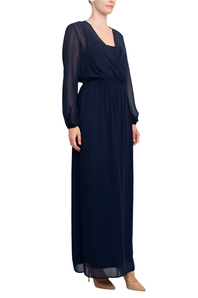 Adrianna Papell V-Neck Illusion Elastic Cuff Long Sleeve Slit Side Chiffon Dress - NAVY - SIDE