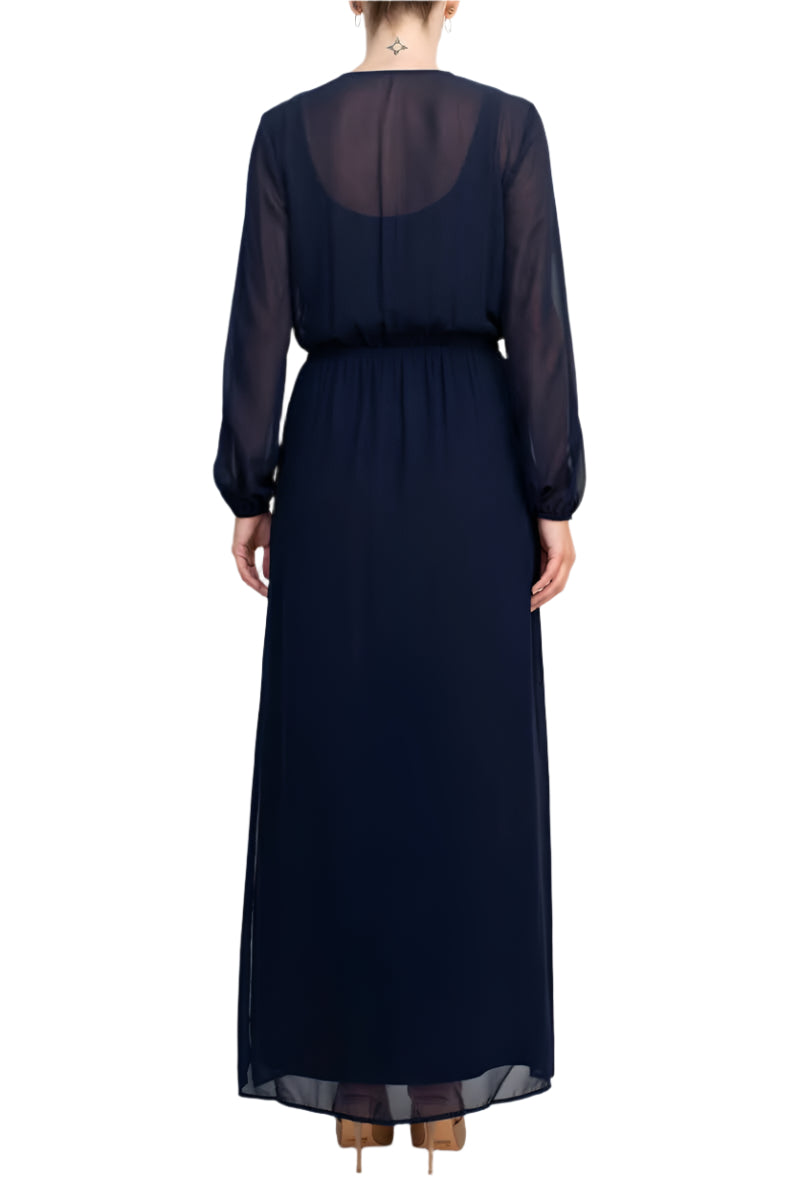 Adrianna Papell V-Neck Illusion Elastic Cuff Long Sleeve Slit Side Chiffon Dress - NAVY - BACK