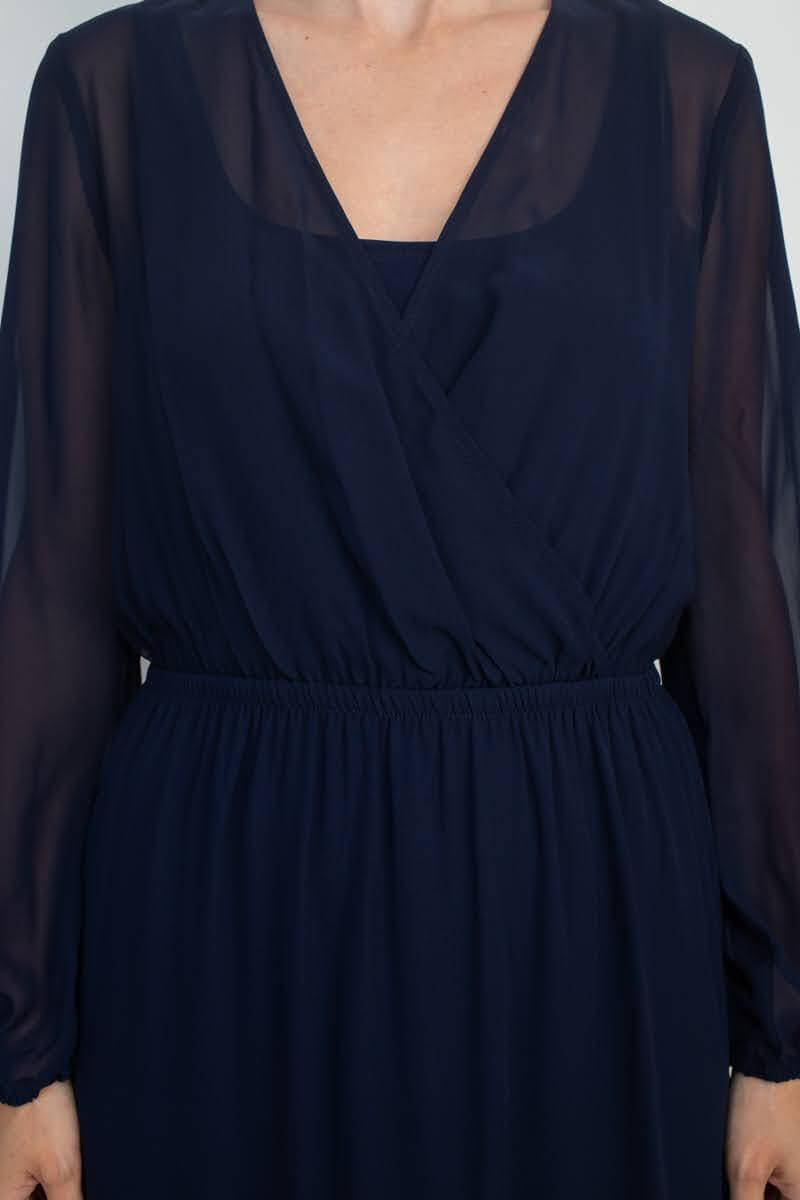 Adrianna Papell V-Neck Illusion Elastic Cuff Long Sleeve Slit Side Chiffon Dress - NAVY - FABRIC
