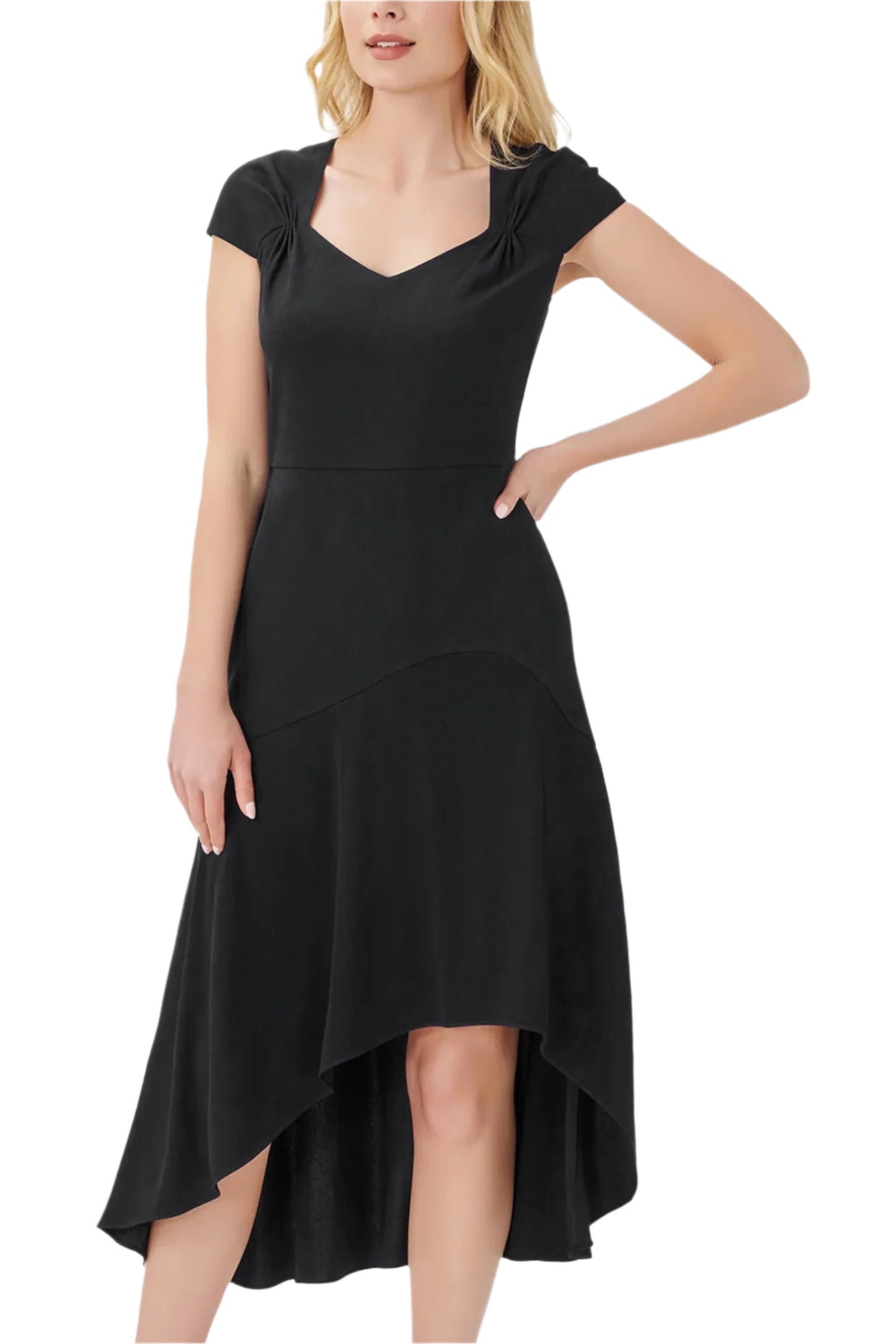 Adrianna Papell Bertha Neck Cap Sleeve Fit Flare Solid High Low Hem Crepe Dress - BLACK - FRONT VIEW