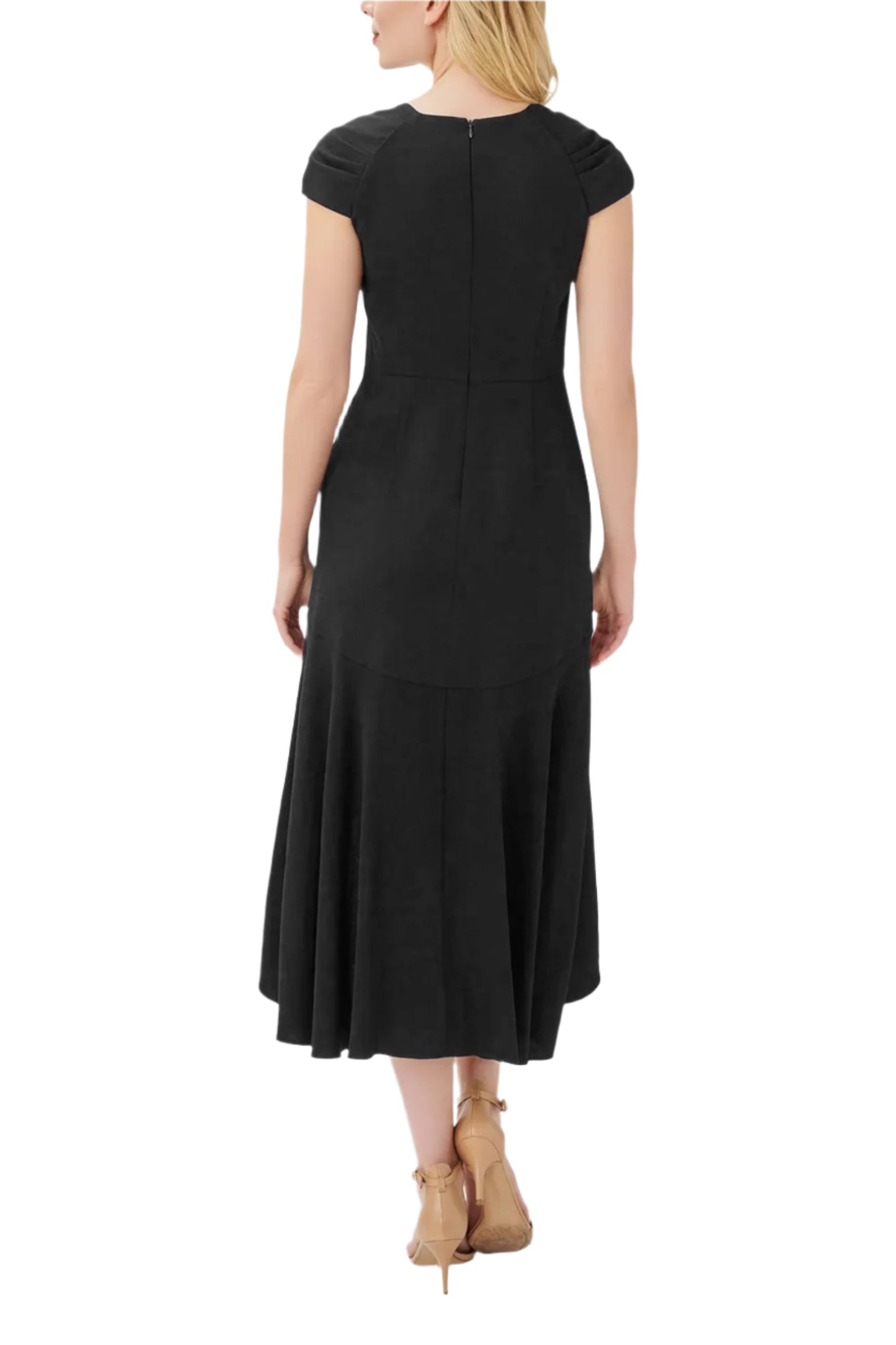 Adrianna Papell Bertha Neck Cap Sleeve Fit Flare Solid High Low Hem Crepe Dress - BLACK - BACK