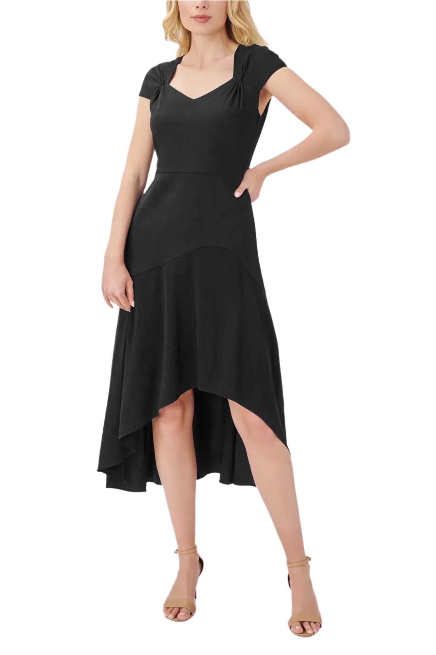 Adrianna Papell Bertha Neck Cap Sleeve Fit Flare Solid High Low Hem Crepe Dress - BLACK - FRONT