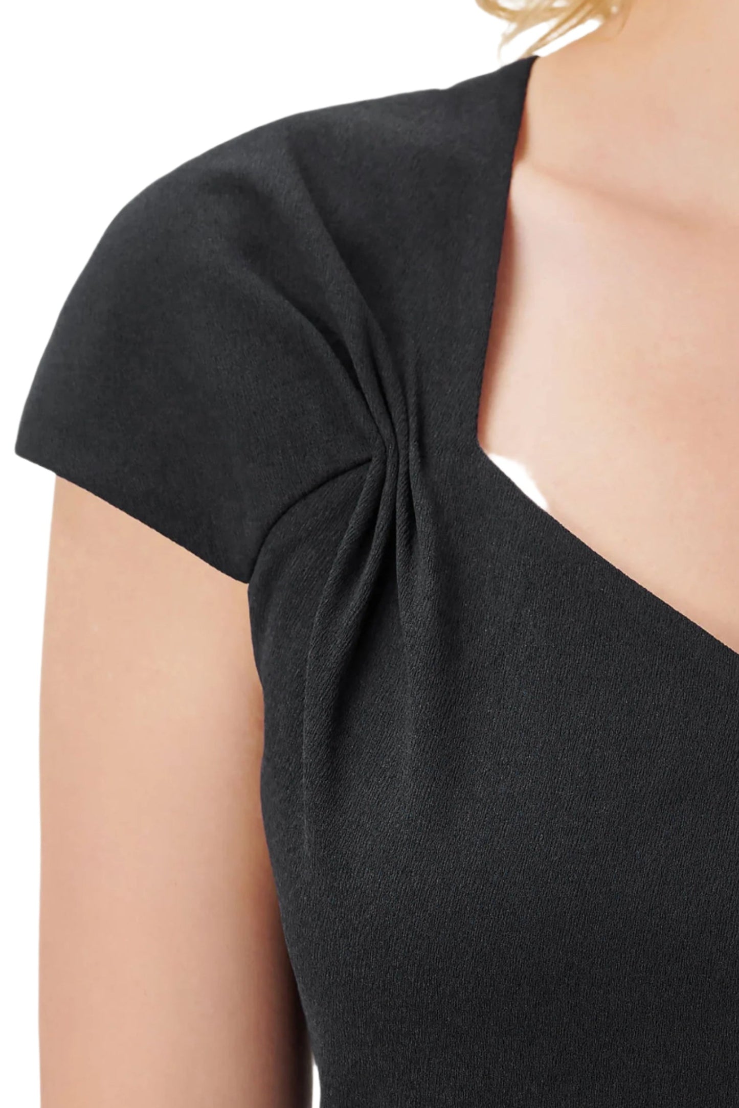 Adrianna Papell Bertha Neck Cap Sleeve Fit Flare Solid High Low Hem Crepe Dress - BLACK - NECK DETAILED VIEW