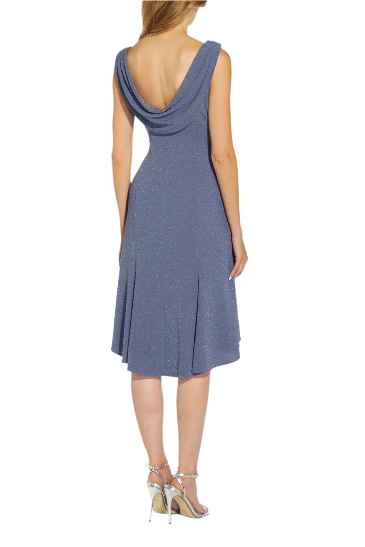 Adrianna Papell Boat Neck Sleeveless Cowl Back Solid Fit & Flare Metallic Knit Dress - STEEL BLUE - BACK
