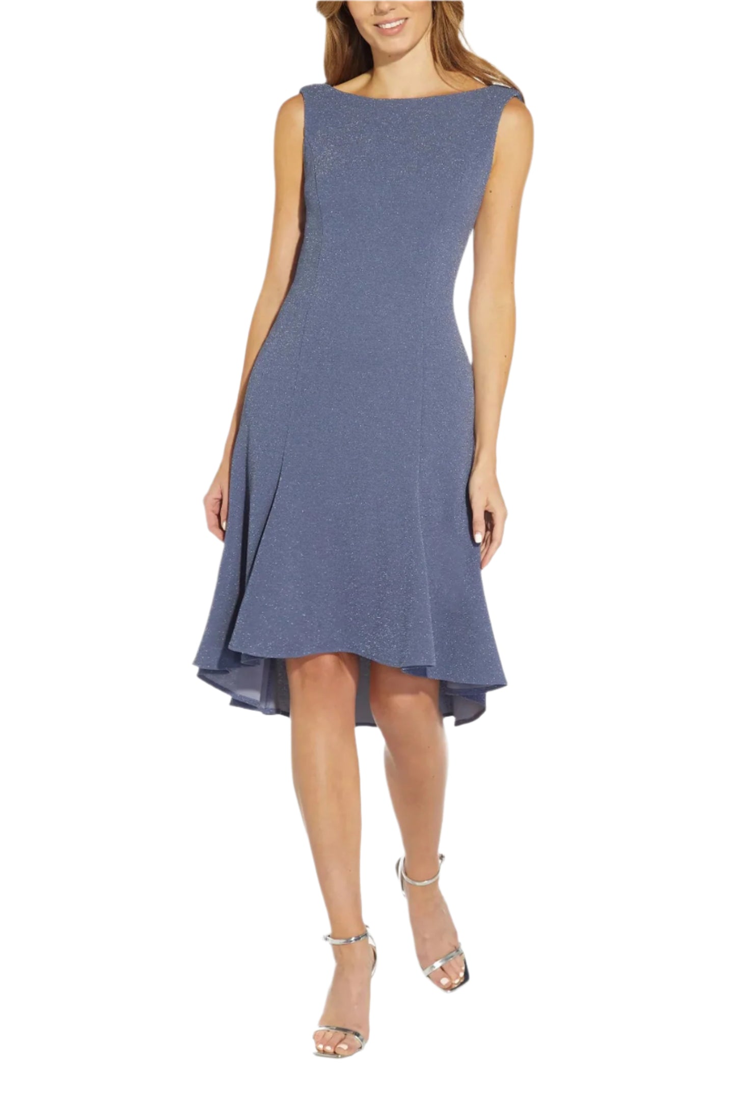 Adrianna Papell Boat Neck Sleeveless Cowl Back Solid Fit & Flare Metallic Knit Dress - STEEL BLUE - FRONT