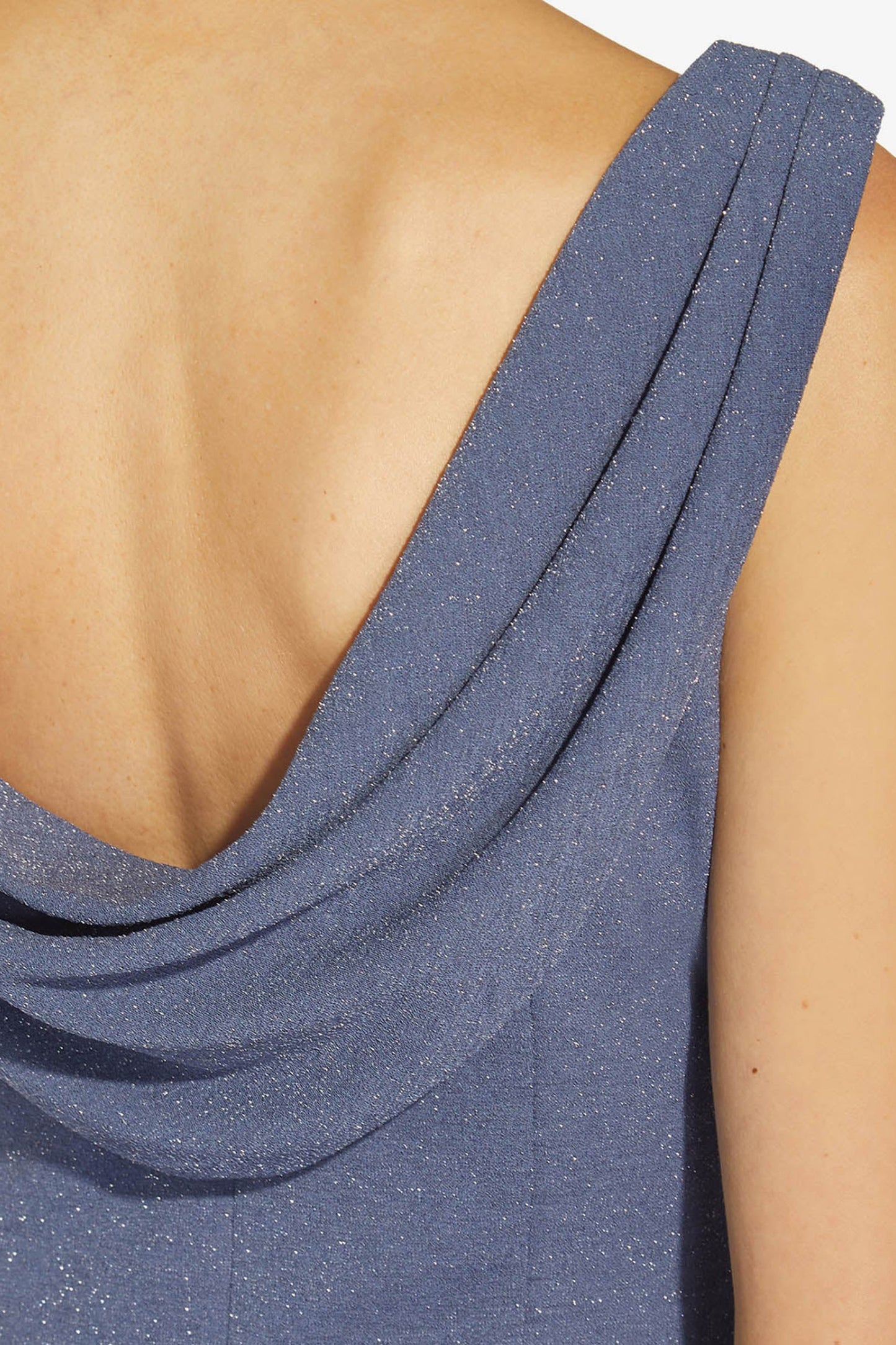 Adrianna Papell Boat Neck Sleeveless Cowl Back Solid Fit & Flare Metallic Knit Dress - STEEL BLUE - SLEEVE DETAILED VIEW