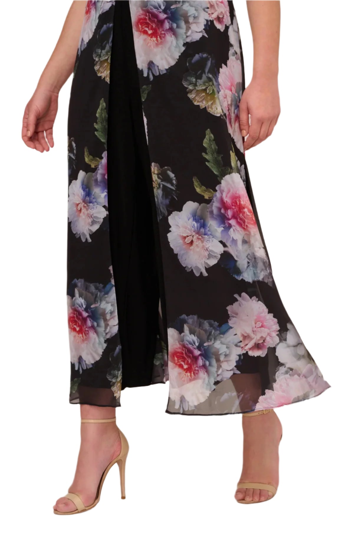 Adrianna Papell V-Neck Short Sleeves Back Zipper Chiffon Overlay Jumpsuit - BLACK MULTI - OVERLAY