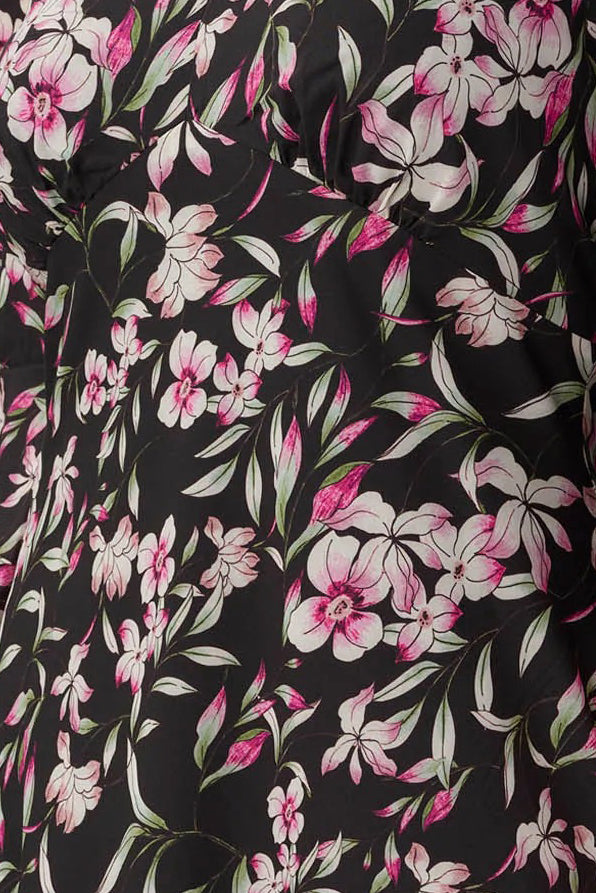 Adrianna Papell V- Neck Back Zipper 3/4 Bell Sleeves Short Chiffon Dress - BLACK MULTI - fabric