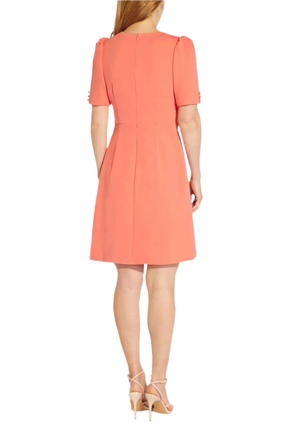 Adrianna Papell V-Neck Short Sleeves Back Zipper Tie Front Detail Short Crepe Dress - PEACH BLOSSOM - back