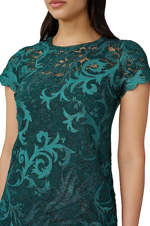 Adrianna Papell Illusion Crew Neck Short Sleeve Sheath Zipper Back Lace Dress - DARK JADE - Fabric