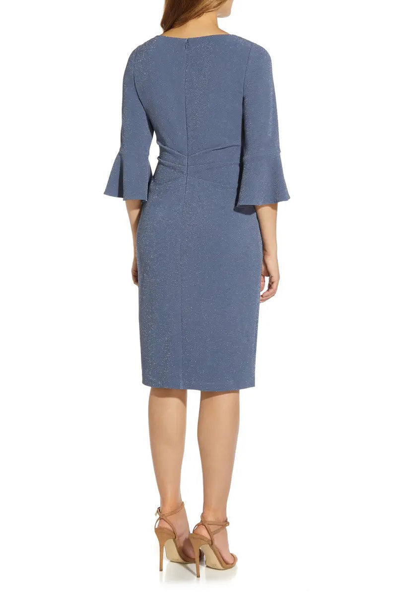 Adrianna Papell Square Neck 3/4 Bell Sleeves Back Zipper Short Metallic Knit Dress - STEEL BLUE - back view