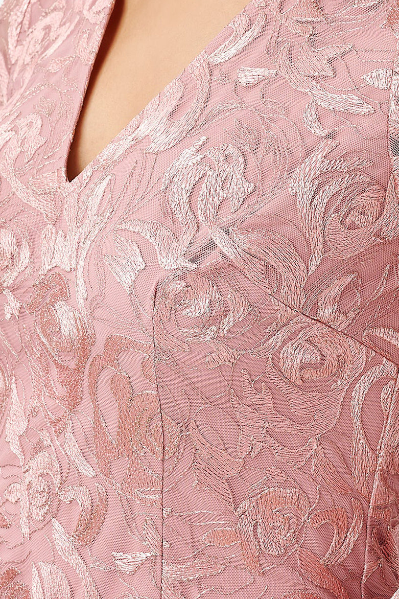 Adrianna Papell V- Neck Back Zipper 3/4 Bell Sleeves Short Embroidered Dress - ROSE - detailed view