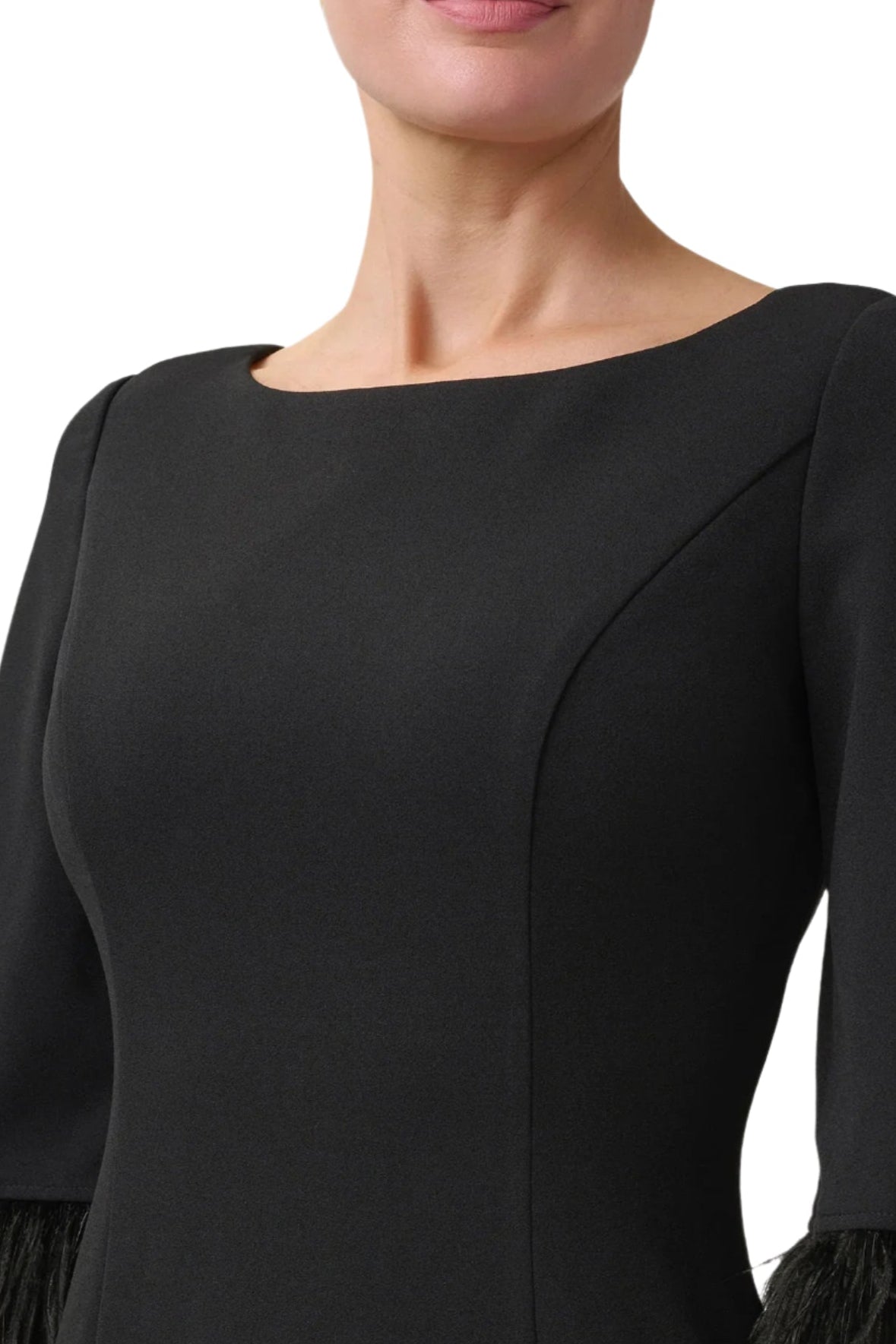 Adrianna Papell Boat Neck 3/4 Sleeve Feather Trim Embellishment Back Zipper Midi Dress (Petite)  - BLACK - DETAILED VIEW