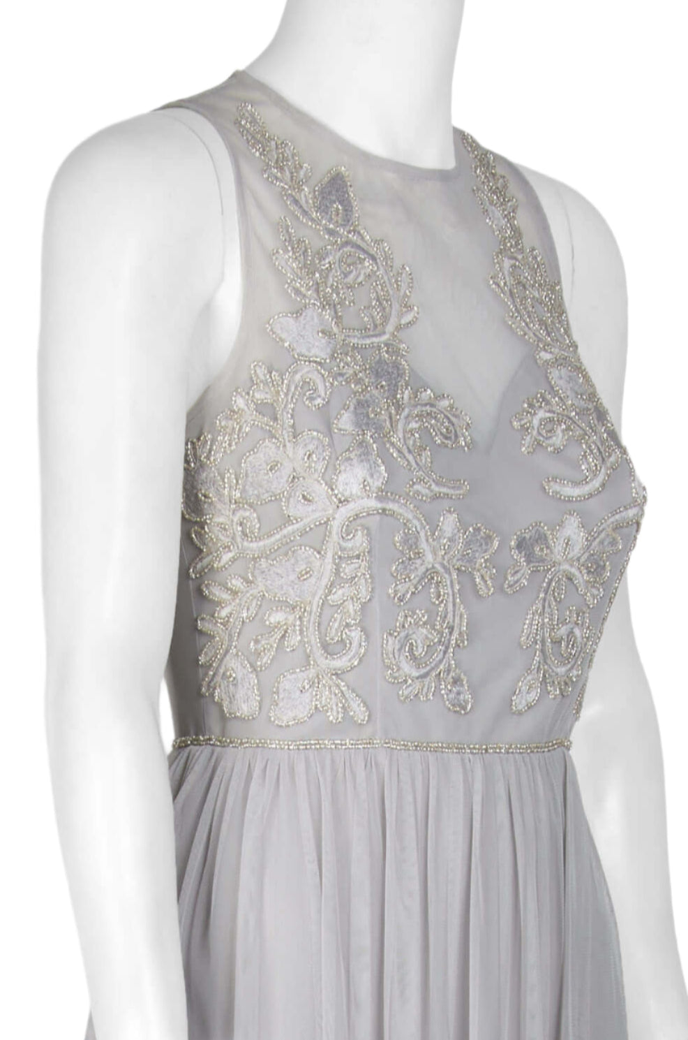 Adrianna Papell Crew Neck Sleeveless Illusion Ruched Keyhole Back Embroidered Mesh Gown - BRIDAL SILVER - Neck View