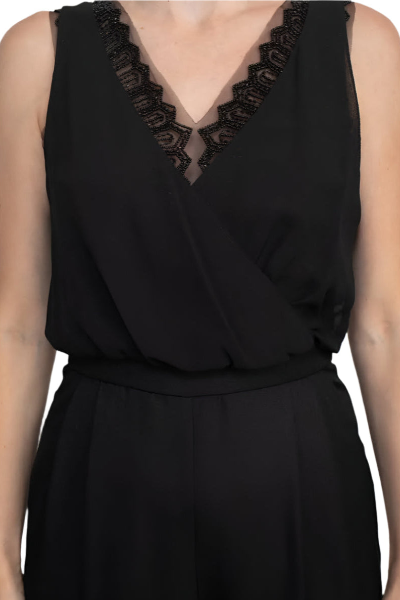 Adrianna Papell Scalloped V-Neck Sleeveless Zipper Back Solid Mesh Chiffon Jumpsuit - BLACK - Fabric