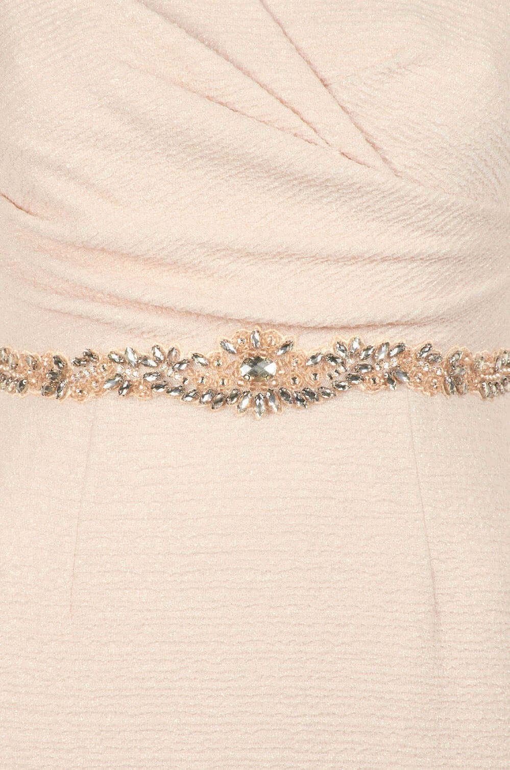 Adrianna Papell V-Neck Short Sleeve Ruched Embellished Waist Zipper Back Metallic Knit Gown - CHAMPAGNE - Waist detail