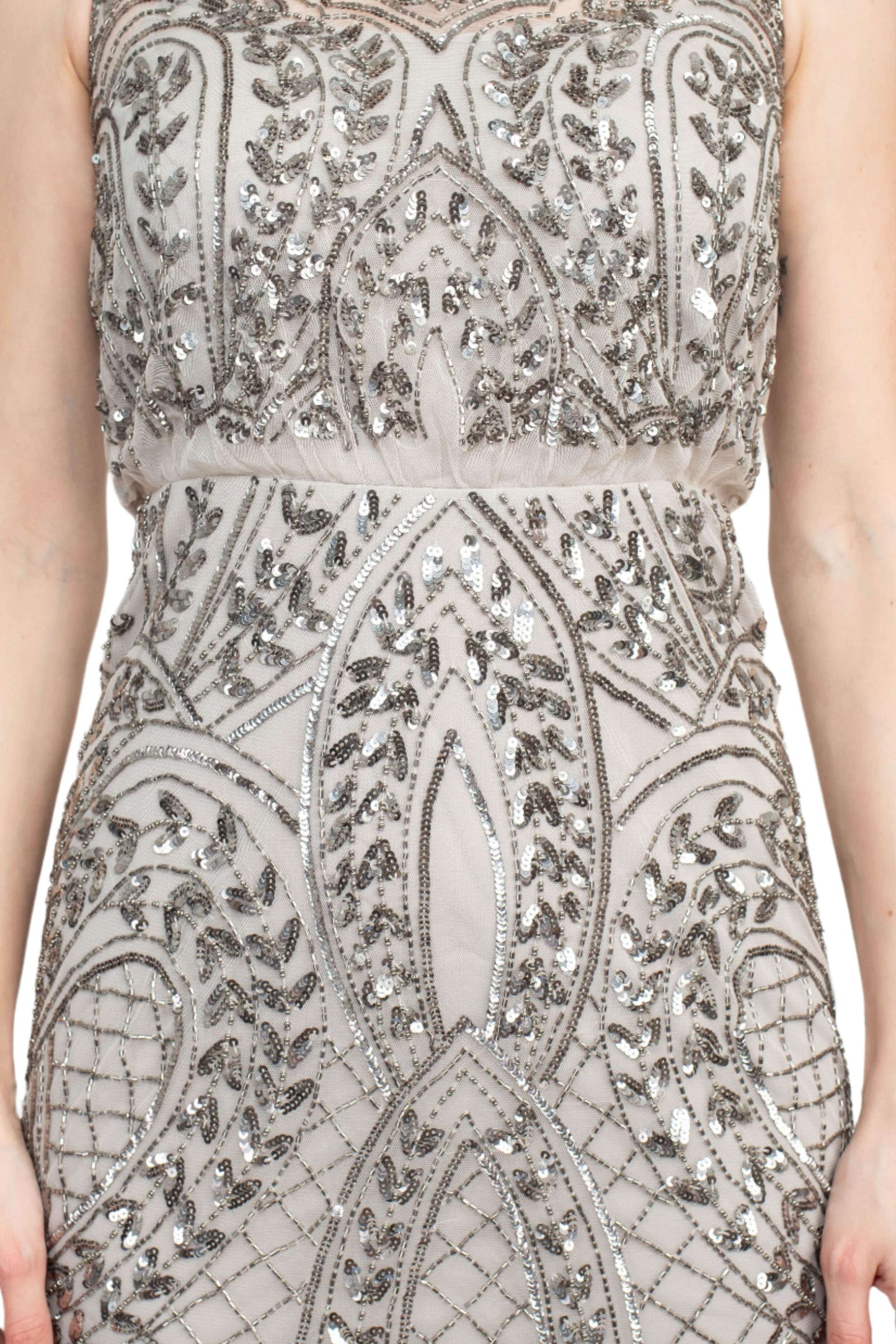 Adrianna Papell Boat Neck Sleeveless Embellished Zipper Back Mesh Dress - SILVER - Fabric