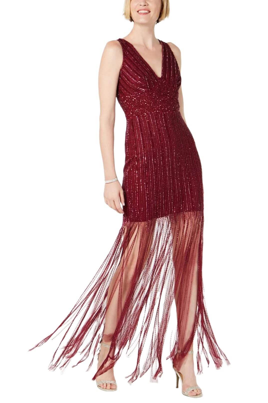 Adrianna Papell V-Neck Zipper Back Illusion Embellished Mesh Dress - RUBY - FRONT