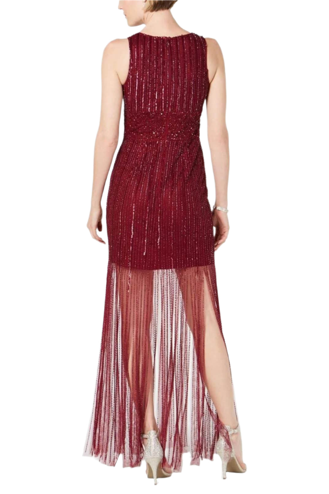 Adrianna Papell V-Neck Zipper Back Illusion Embellished Mesh Dress - RUBY - BACK