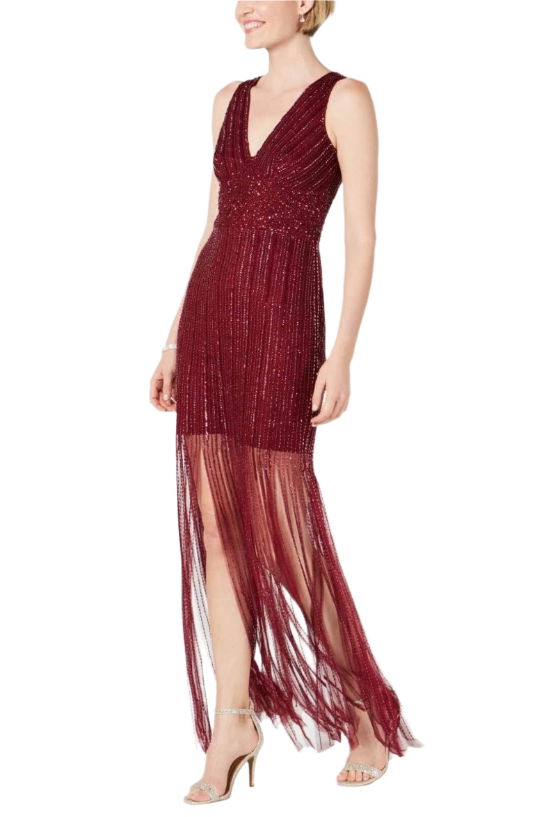 Adrianna Papell V-Neck Zipper Back Illusion Embellished Mesh Dress - RUBY - SIDE