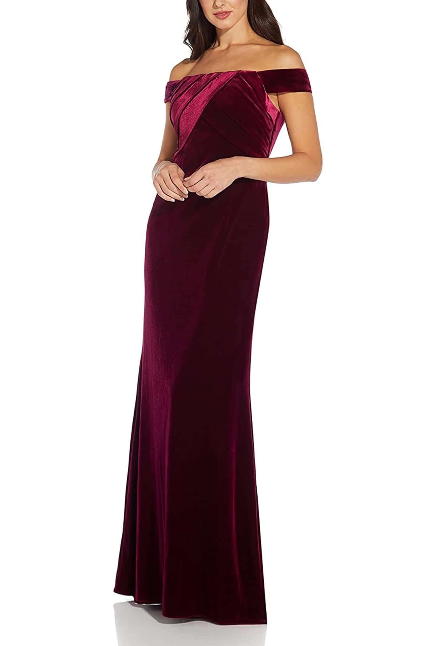Adrianna Papell Off Shoulder Pleated Front Zipper Back Velvet Gown - DARK BURGUNDY - side view