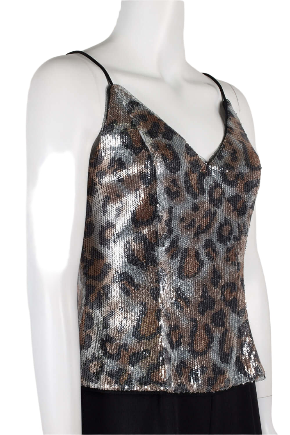 Adrianna Papell V-Neck Spaghetti Strap Popover Zipper Back Mesh Crepe Jumpsuit - BEIGE BLACK - neck view