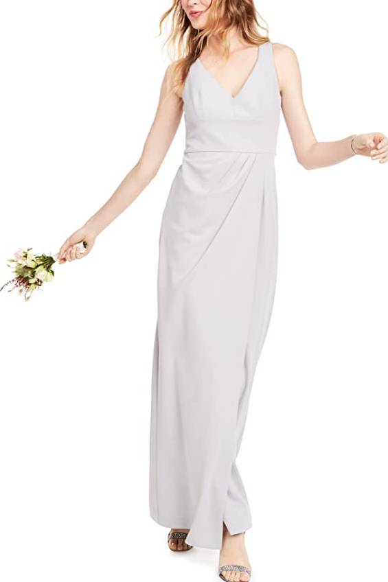 Adrianna Papell V-Neck Sleeveless Pleated Zipper Back Solid Crepe Dress - BRIDAL SILVER - FRONT