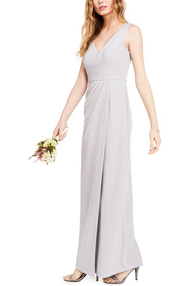Adrianna Papell V-Neck Sleeveless Pleated Zipper Back Solid Crepe Dress - BRIDAL SILVER - SIDE