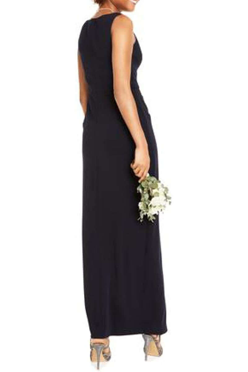 Adrianna Papell V-Neck Sleeveless Pleated Zipper Back Solid Crepe Dress - MIDNIGHT - BACK