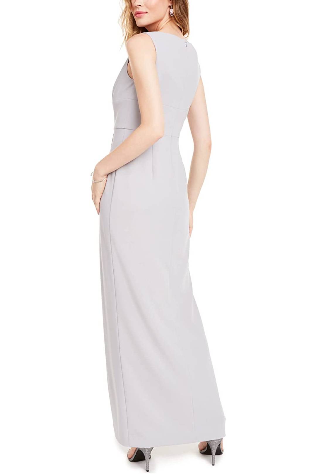 Adrianna Papell V-Neck Sleeveless Pleated Zipper Back Solid Crepe Dress - BRIDAL SILVER - BACK
